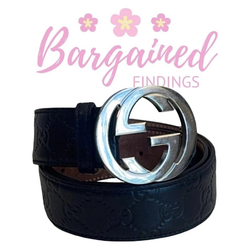Authentic Gucci Black Guccissima Leather Silver Interlocking G Buckle Belt 95/38